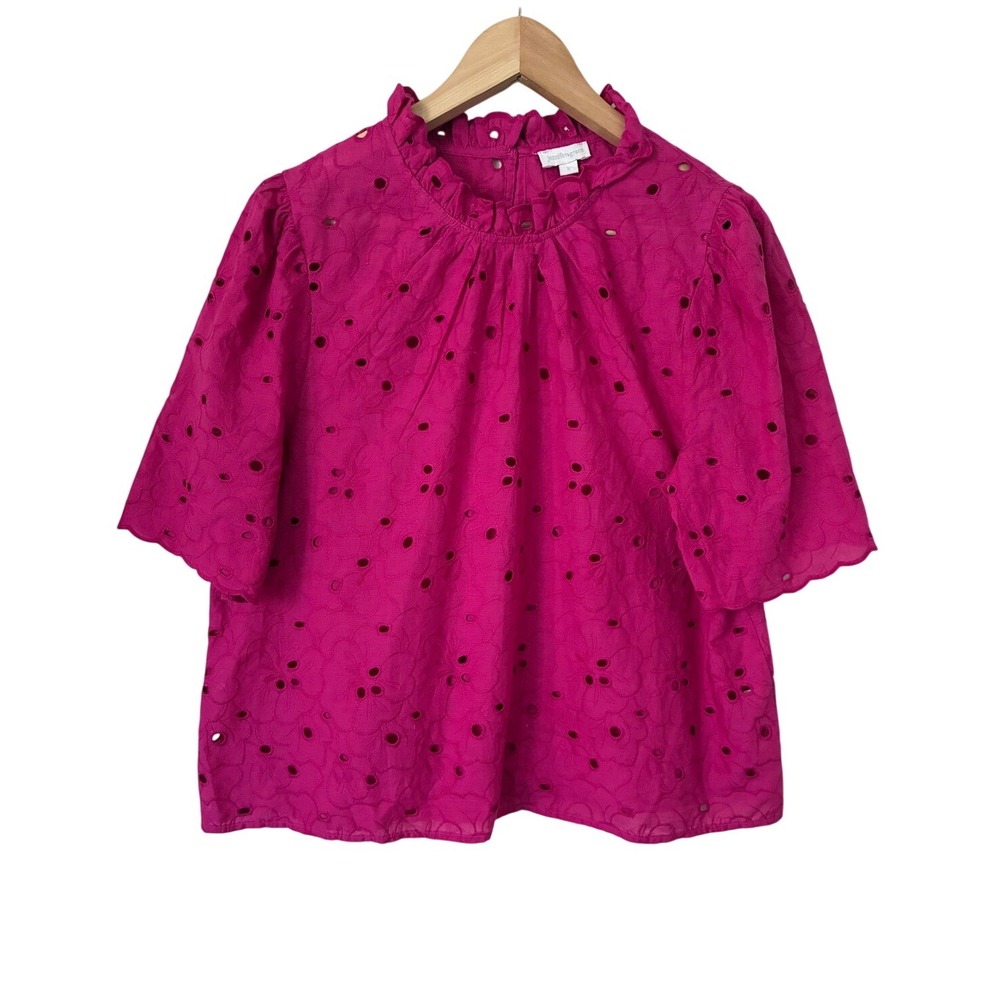 Jennifer & Grace Pink Eyelet Cotton Ruffle Neck Puff Sleeve Blouse L Boho Chic